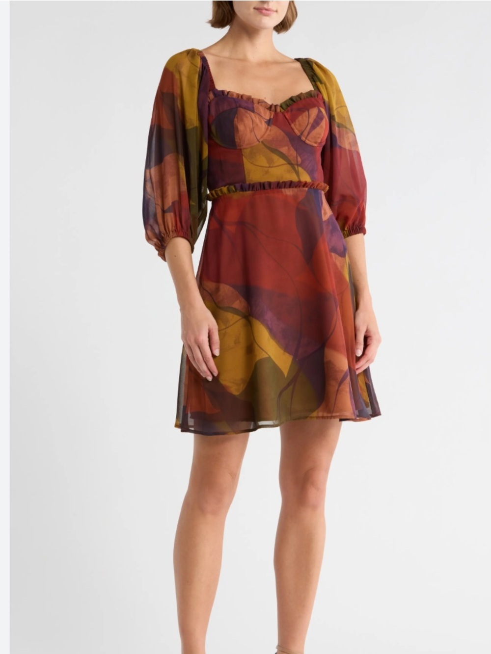 Hutch Adela Balloon-Sleeve Sweetheart Mini Dress warm abstract print size 4 new